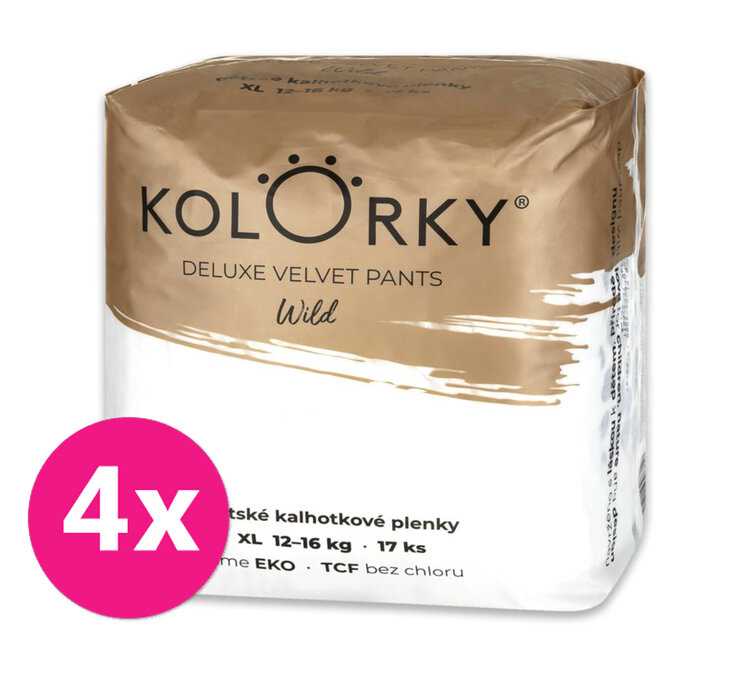 4x KOLORKY DELUXE VELVET PANTS Wild Kalhotky plenkové jednorázové eko XL (12-16 kg) 17 ks