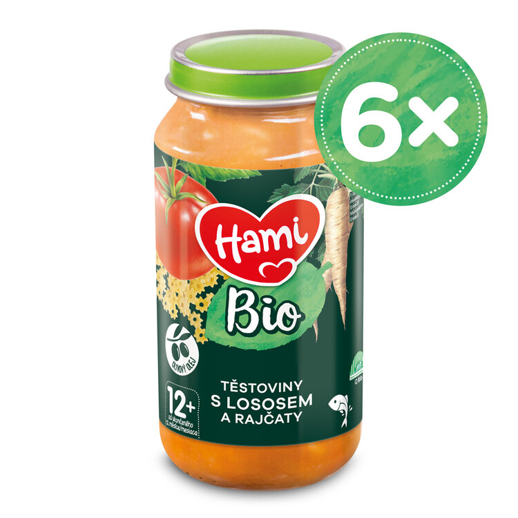 6x HAMI BIO Příkrm masozeleninový Těstoviny s lososem a rajčaty 250g