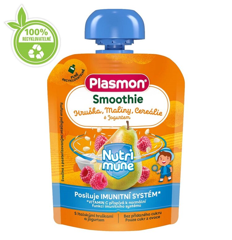 EXP: 23.09.2023 PLASMON Kapsička Smoothie NUTRI-MUNE ovoce-jogurt hruška a malina s cereáliemi 85g