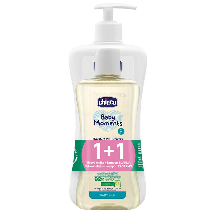 CHICCO Mléko tělové s dávkovačem Baby Moments 500 ml + Šampon Baby Moments 200 ml zdarma